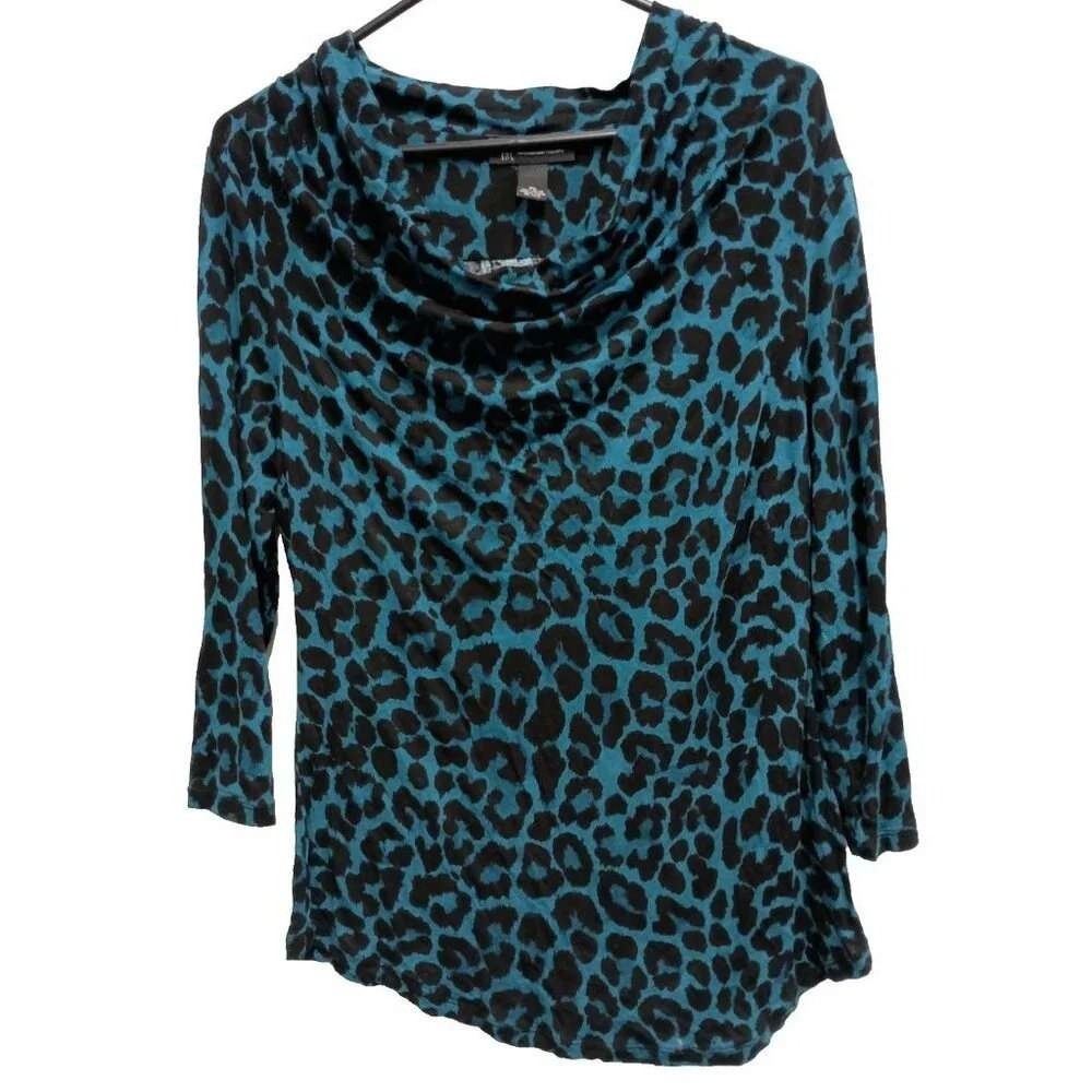 INC International Concepts Top Womens XL Teal Animal Print Cowl Neck 3/4 Sleeve